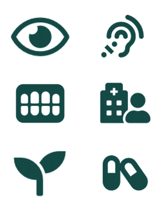 Picto santé : vue, auditif, hôpital, plante, pilule